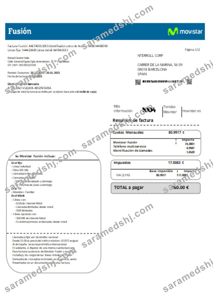 Movistar Fusion telecom operator utility business bill, SCR